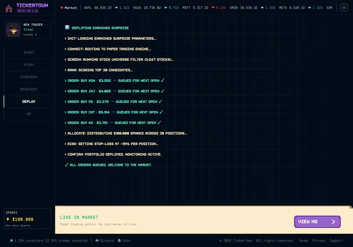 Deploying a strategy to paper trading: orders queue for the next market open with play money