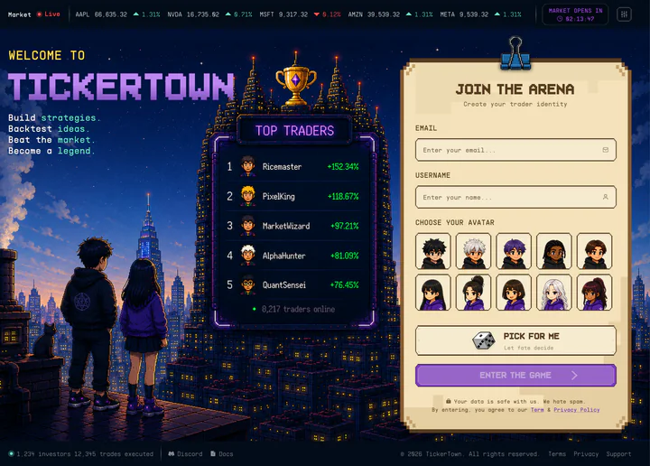 Early prototype of the TickerTown welcome screen with a demo Top Traders leaderboard