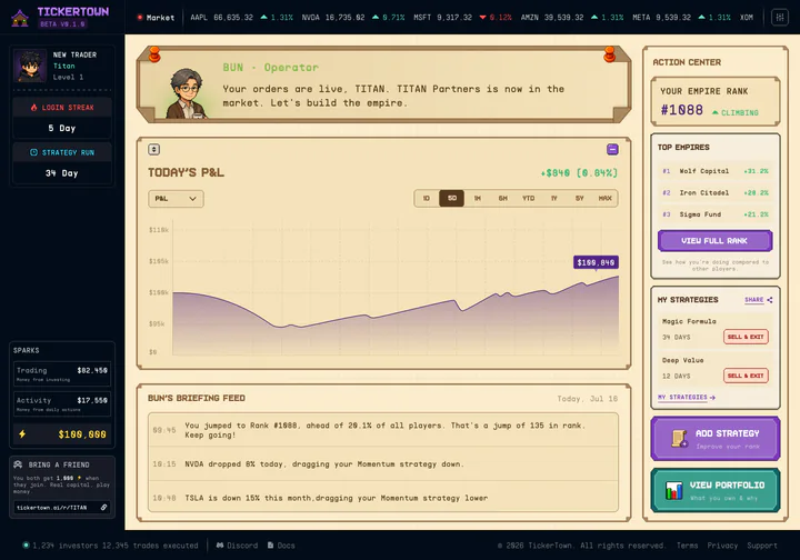 Early prototype of your HQ: today's P&L, your active strategy, empire rank, and the daily briefing from Bun