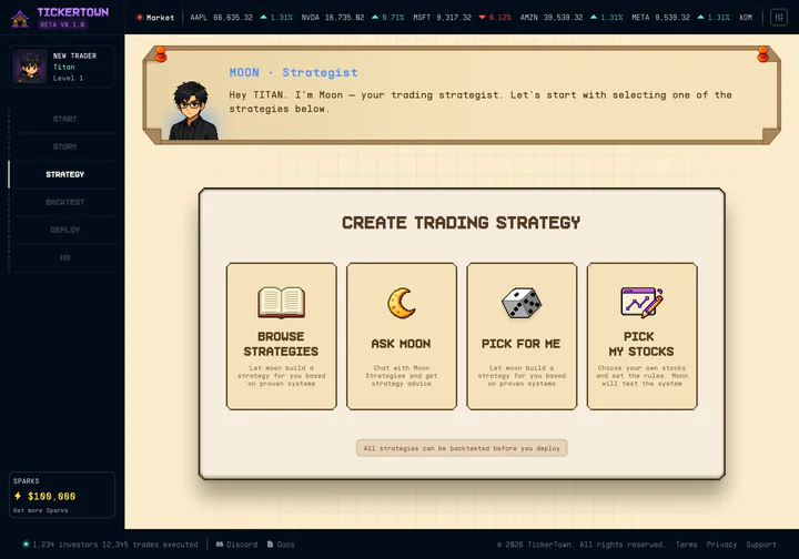 Moon the strategist offers four ways to start: browse strategies, ask Moon, pick for me, or pick your own stocks