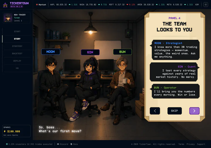 The team looks to you: Moon knows 30+ strategies, Gin tests them against market history, Bun brings the numbers every morning